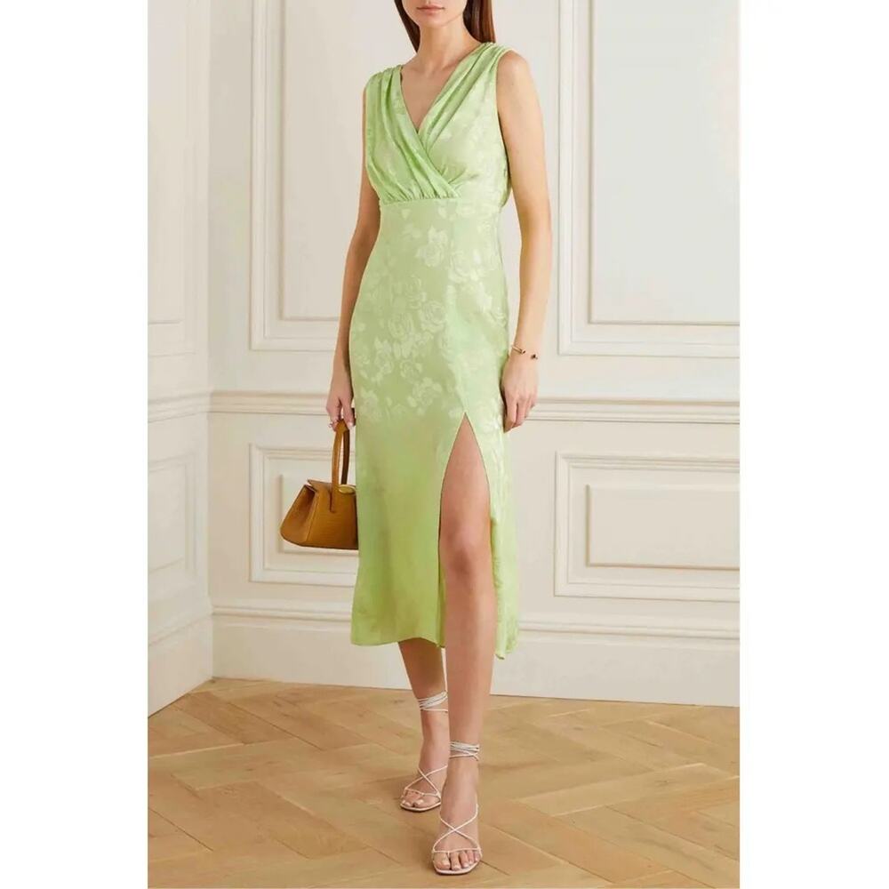 Art Dealer. | Green Garden Party Wedding Guest Silky Dress Midi V Neck Slit L